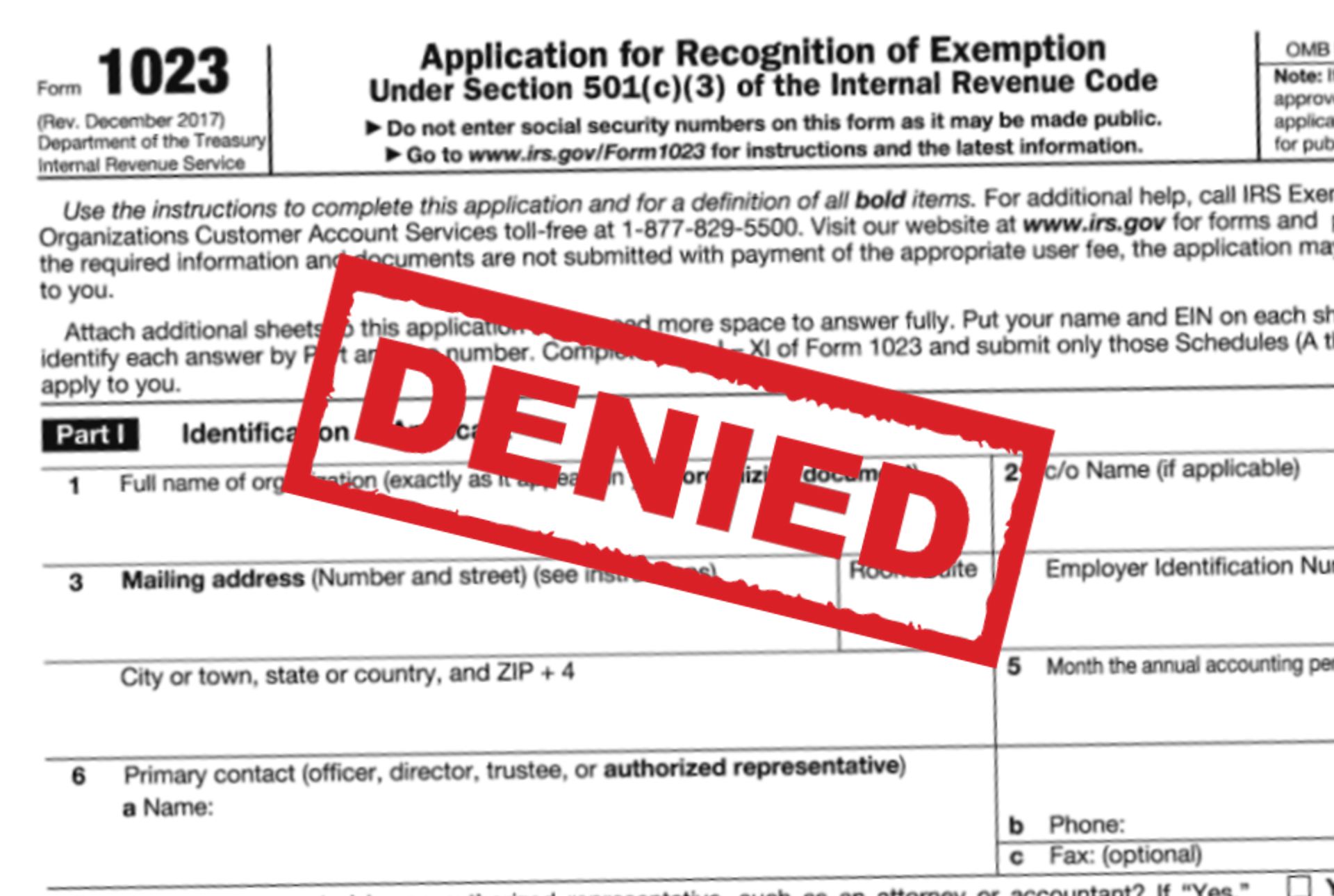 partial screenshot of US IRS form 1023-EZ with a "denied" stamp on it